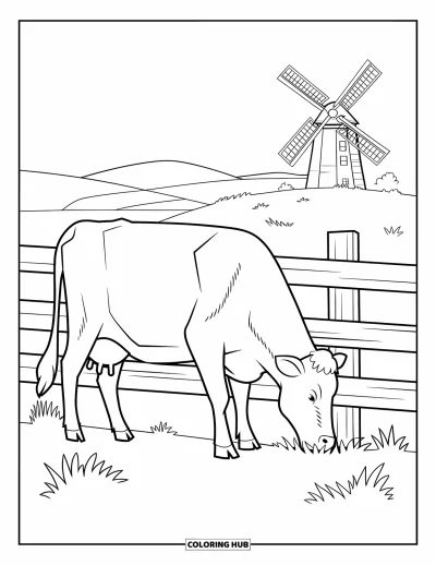 Coloriage d'animaux de la ferme pour enfants : Une vache broute près d'une clôture avec un moulin à vent et un champ ouvert derrière