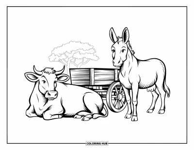 Coloriage d'animaux de la ferme pour enfants : Une vache est allongée tandis qu'un âne se tient près d'une charrette en bois et d'un arbre