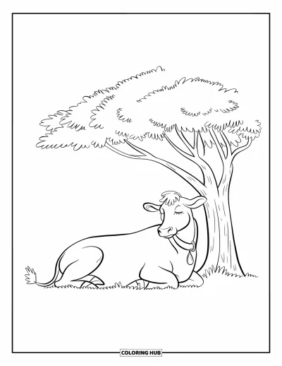 Coloriage d'animaux de la ferme pour enfants : Une vache est allongée paisiblement sous un grand arbre avec quelques branches à côté