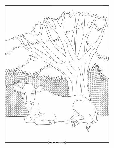 Coloriage d'animaux de la ferme pour enfants : Une vache est allongée sous un arbre avec de petits objets ronds éparpillés sur le sol