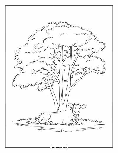 Coloriage d'animaux de la ferme pour enfants : Une vache se repose sous un grand arbre avec un sol herbeux tout autour
