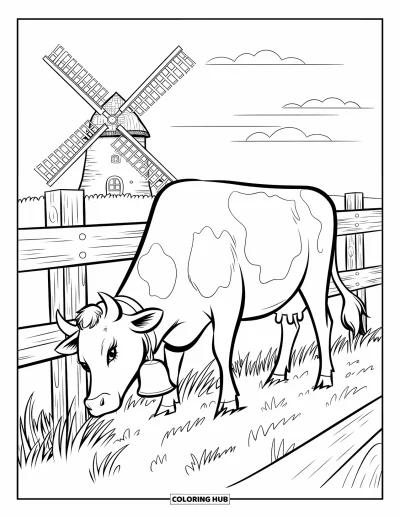 Coloriage d'animaux de la ferme pour enfants : Une vache portant une cloche broute près d'une clôture avec de l'herbe, des nuages et un moulin à vent à proximité