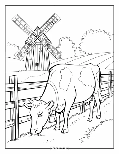 Coloriage d'animaux de la ferme pour enfants : Une vache avec une cloche broute près d'une clôture, avec des collines et un moulin à vent en arrière-plan
