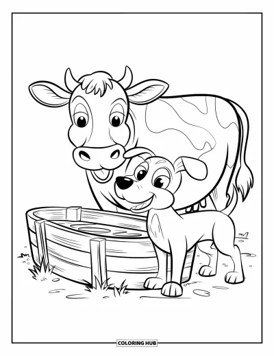 Coloriage d'animaux de la ferme pour enfants : Une vache avec de grandes oreilles et un chien avec une longue queue se tiennent près d'un abreuvoir