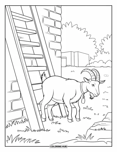 Coloriage d'animaux de la ferme pour enfants : Une chèvre curieuse avec un collier se tient près d'une échelle appuyée contre un mur de briques