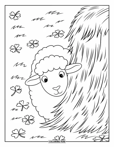 Coloriage d'animaux de la ferme pour enfants : Un mouton curieux regarde derrière une grande meule de foin avec des trèfles à proximité