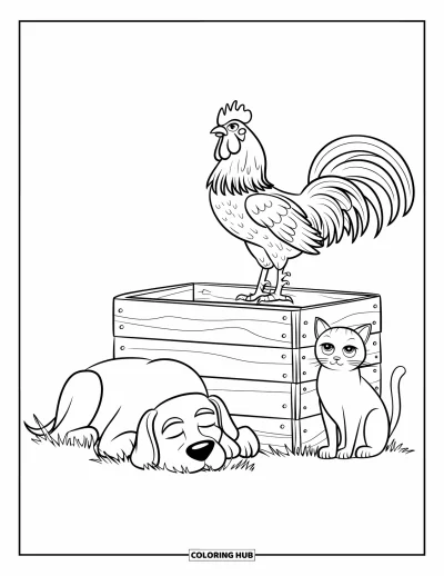 Coloriage d'animaux de la ferme pour enfants : Un chien se repose près d'une caisse avec un coq qui chante et un chat assis à proximité