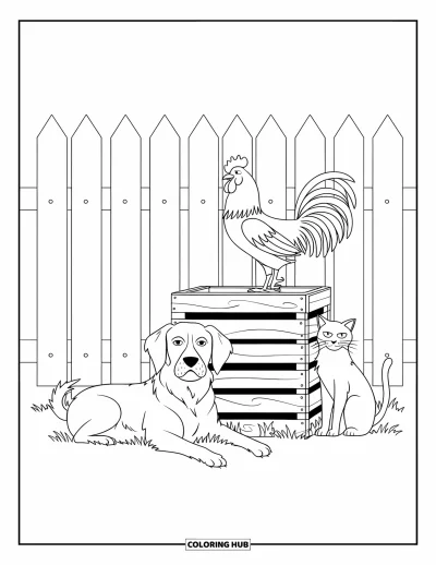 Coloriage d'animaux de la ferme pour enfants : Un chien se repose près d'une caisse avec un coq dessus et un chat assis à proximité