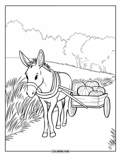 Coloriage d'animaux de la ferme pour enfants : Un âne tire une charrette remplie de citrouilles le long d'un chemin de ferme herbeux