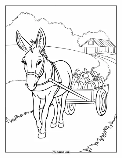 Coloriage d'animaux de la ferme pour enfants : Un âne tire une charrette de citrouilles le long d'un chemin avec une ferme et des arbres derrière