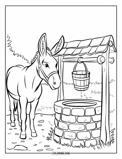 Coloriage d'animaux de la ferme pour enfants : Un âne se tient à côté d'un puits en pierre avec un seau suspendu sur un chemin de terre