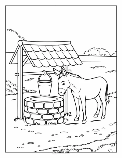 Coloriage d'animaux de la ferme pour enfants : Un âne se tient à côté d'un puits en pierre avec des arbres au loin