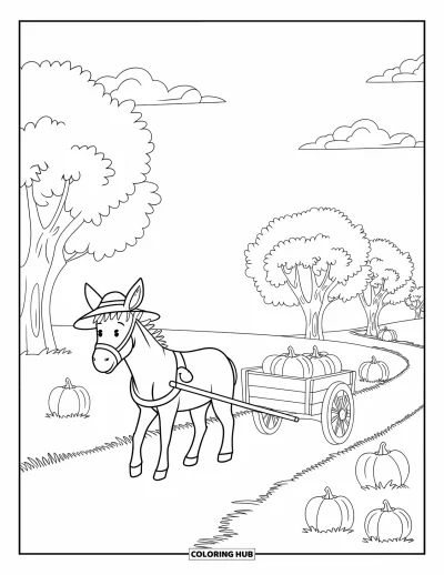 Coloriage d'animaux de la ferme pour enfants : Un âne portant un chapeau tire une charrette de citrouilles sur un chemin de ferme en gravier