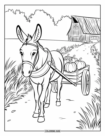 Coloriage d'animaux de la ferme pour enfants : Un âne avec une bride tire une charrette de citrouilles devant de l'herbe, des arbres et une grange