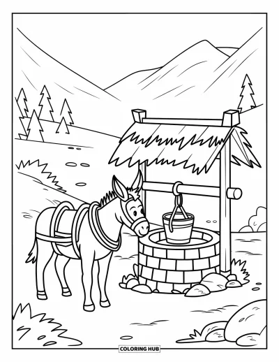 Coloriage d'animaux de la ferme pour enfants : Un âne avec un harnais se tient près d'un puits en pierres avec des montagnes en arrière-plan