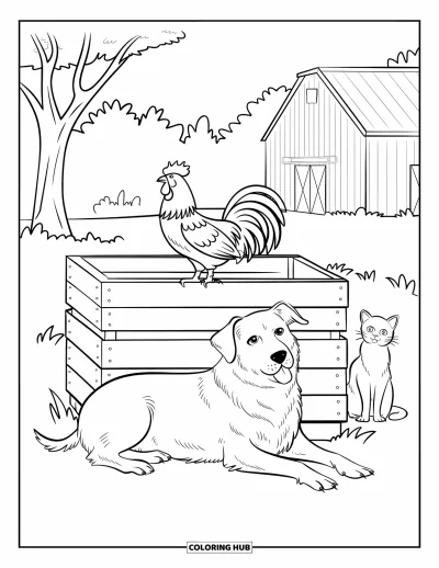 Coloriage d'animaux de la ferme pour enfants : Un chien de ferme est allongé près d'une caisse avec un coq perché dessus et un chat à proximité