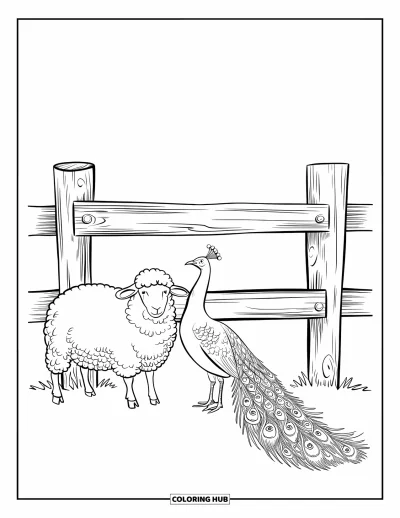 Coloriage d'animaux de la ferme pour enfants : Un mouton duveteux et un paon avec une longue queue se tiennent près d'une clôture