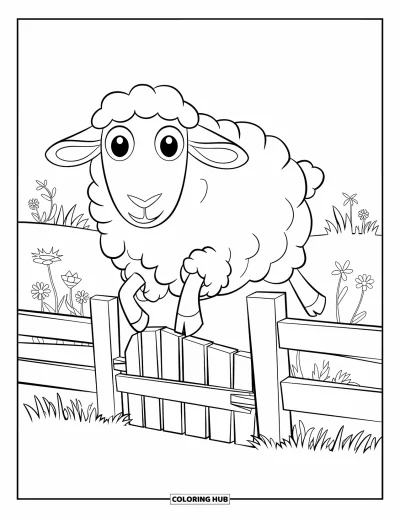 Coloriage d'animaux de la ferme pour enfants : Un mouton duveteux avec de grands yeux saute par-dessus une clôture dans un champ