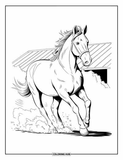 Coloriage d'animaux de la ferme pour enfants : Un cheval au galop soulève de la poussière près d'un toit de grange