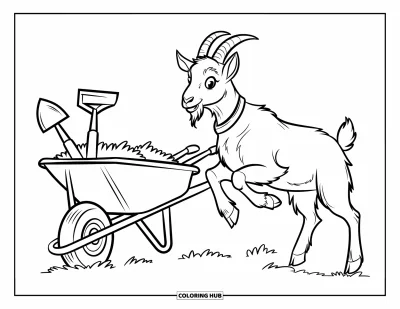 Coloriage d'animaux de la ferme pour enfants : Une chèvre portant un collier saute près d'une brouette dans un champ herbeux
