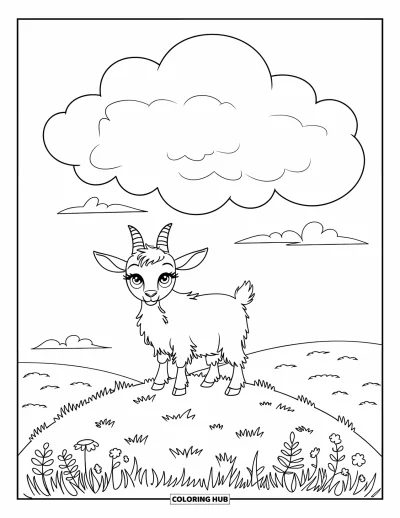 Coloriage d'animaux de la ferme pour enfants : Une chèvre avec de grands yeux se tient sur une colline herbeuse avec des fleurs et des nuages