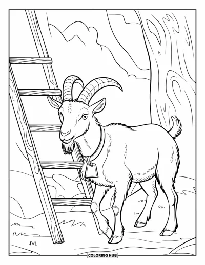Coloriage d'animaux de la ferme pour enfants : Une chèvre avec des cornes incurvées et un collier se tient près d'une échelle appuyée contre un arbre