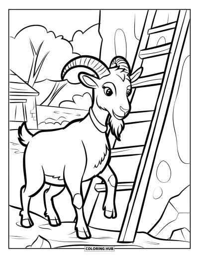 Coloriage d'animaux de la ferme pour enfants : Une chèvre avec des cornes incurvées et un collier se tient près d'une échelle et d'un petit bâtiment