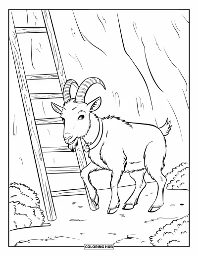 Coloriage d'animaux de la ferme pour enfants : Une chèvre avec des cornes incurvées explore près d'une échelle en bois sur un sol rocheux