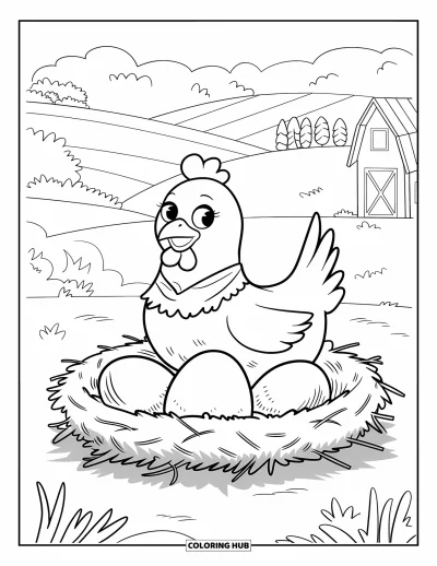 Coloriage d'animaux de la ferme pour enfants : Une poule heureuse avec une écharpe est assise sur un nid dans un champ paisible