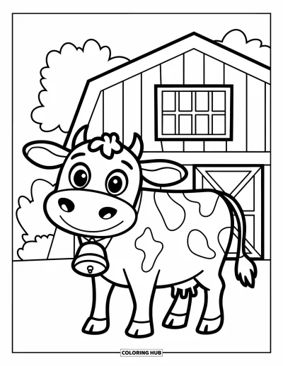 Coloriage d'animaux de la ferme pour enfants : Une vache heureuse se tient fièrement devant une grange et des arbres