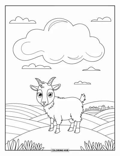 Coloriage d'animaux de la ferme pour enfants : Une chèvre heureuse se tient sur une colline avec des collines lointaines et une ville derrière