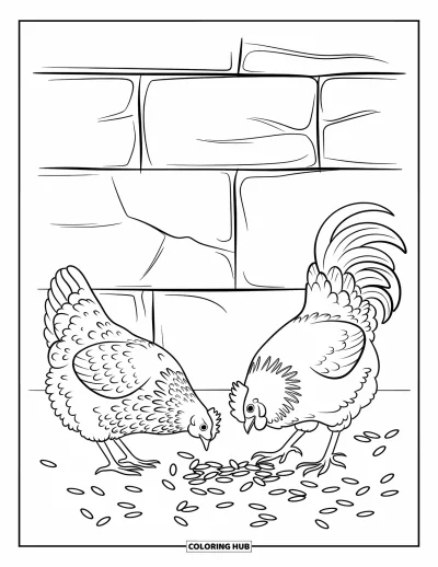 Coloriage d'animaux de la ferme pour enfants : Une poule et un coq picorent des graines près d'un mur de pierre