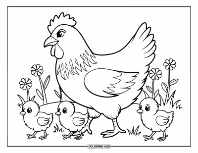 Coloriage d'animaux de la ferme pour enfants : Une poule et trois poussins marchent sur l'herbe avec des fleurs en arrière-plan