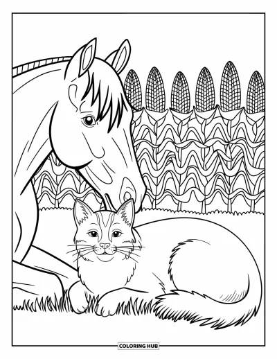 Coloriage d'animaux de la ferme pour enfants : Un cheval et un chat de grange se reposent près d'une ferme de maïs avec de hautes tiges en arrière-plan