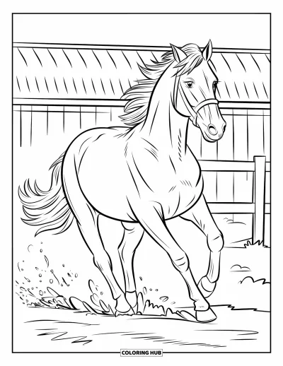 Coloriage d'animaux de la ferme pour enfants : Un cheval galope en soulevant la poussière avec un toit de grange au loin