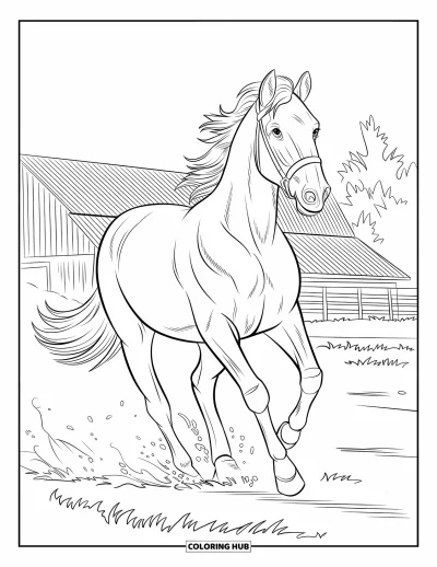 Coloriage d'animaux de la ferme pour enfants : Un cheval court vite, soulevant de la poussière avec des arbres et une grange derrière