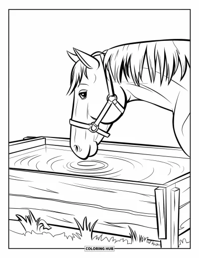 Coloriage d'animaux de la ferme pour enfants : Un cheval se tient à côté d'un abreuvoir en bois avec de douces ondulations dans l'eau