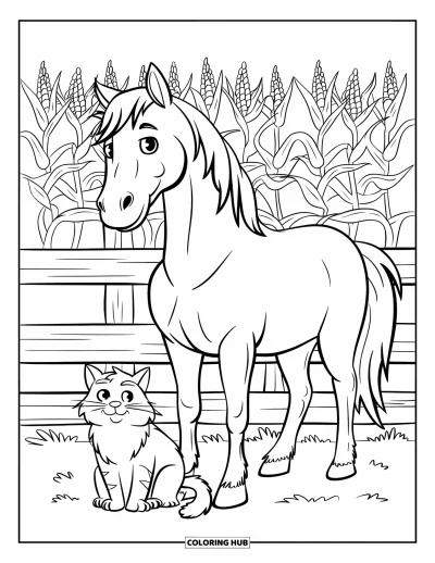 Coloriage d'animaux de la ferme pour enfants : Un cheval se tient près d'une clôture avec un chat moelleux et un champ de maïs derrière