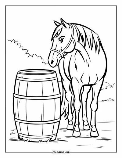Coloriage d'animaux de la ferme pour enfants : Un cheval se tient tranquillement à côté d'un grand tonneau sur le sol