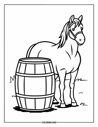 Coloriage d'animaux de la ferme pour enfants : Un cheval se tient tranquillement à côté d'un grand tonneau sur le sol