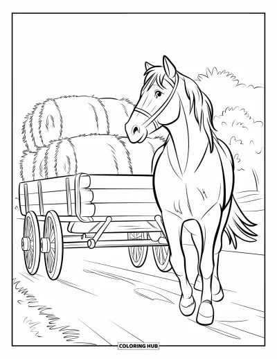 Coloriage d'animaux de la ferme pour enfants : Un cheval trotte à côté d'un chariot rempli de balles de foin et de roues en bois