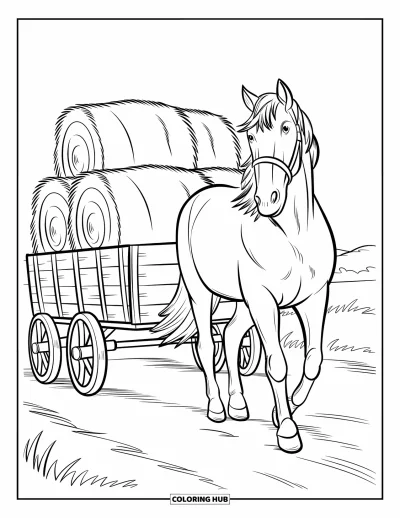 Coloriage d'animaux de la ferme pour enfants : Un cheval trotte à côté d'un chariot en bois rempli de foin dans un champ ouvert