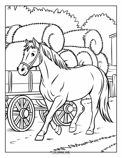 Coloriage d'animaux de la ferme pour enfants : Un cheval avec une bride tire un chariot de foin près d'arbres et d'un bâtiment