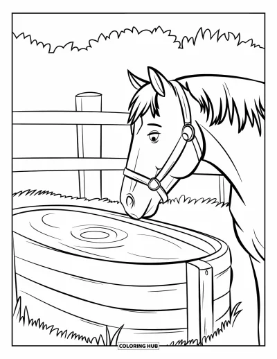 Coloriage d'animaux de la ferme pour enfants : Un cheval avec une bride se tient près d'un abreuvoir et d'une clôture