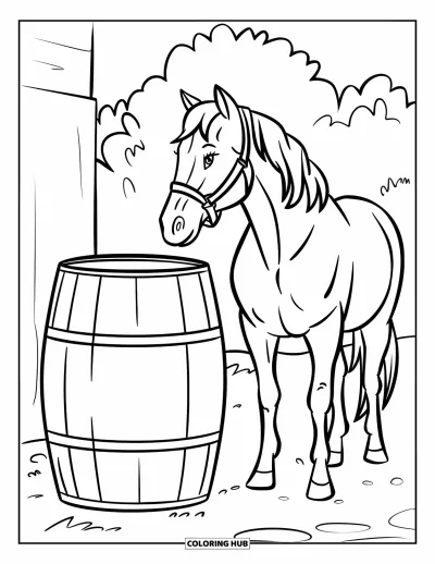 Coloriage d'animaux de la ferme pour enfants : Un cheval avec un licol se tient près d'un tonneau près d'un mur et d'arbres