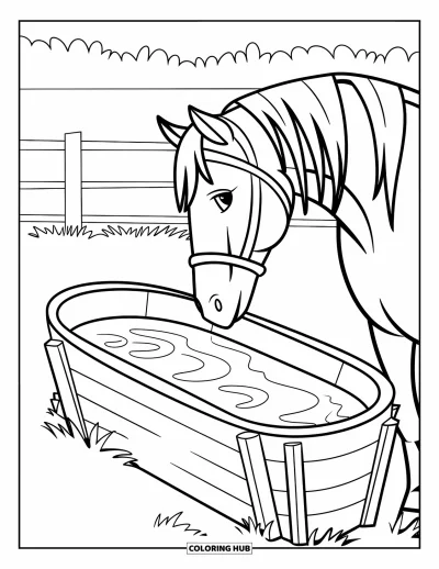 Coloriage d'animaux de la ferme pour enfants : Un cheval avec une longue crinière se tient près d'un abreuvoir et d'une clôture en bois