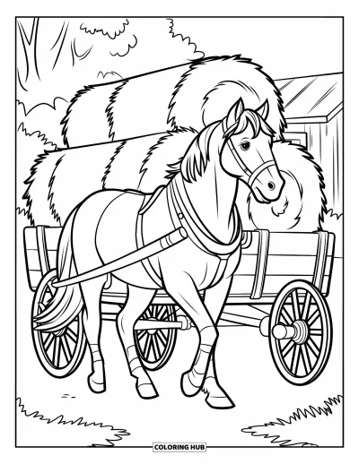 Coloriage d'animaux de la ferme pour enfants : Un cheval avec une crinière tire un chariot de foin avec des arbres et un bâtiment derrière