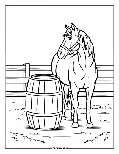 Coloriage d'animaux de la ferme pour enfants : Un cheval avec une crinière se tient près d'un tonneau et d'une clôture sur un sol en terre