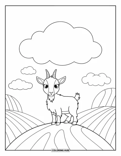 Coloriage d'animaux de la ferme pour enfants : Une petite chèvre se tient sur une colline sous un grand nuage duveteux