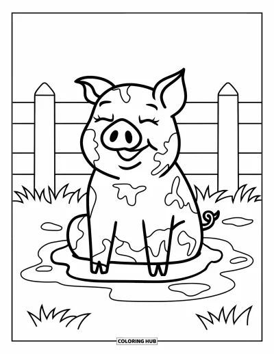 Coloriage d'animaux de la ferme pour enfants : Un cochon boueux se repose dans une flaque d'eau près d'une clôture en bois et d'herbe